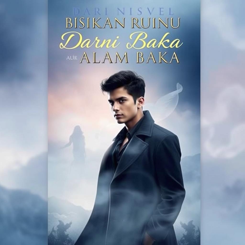 A captivating book cover for the novel "Bisikan Rindu Dari Alam Baka" featuring a handsome, mysterious young man as the central figure