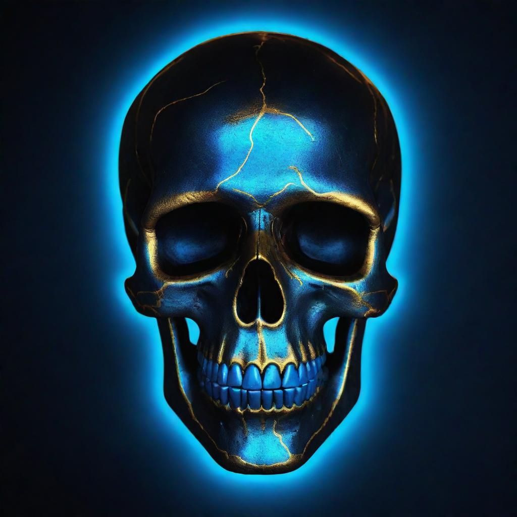 A blue and gold neon skull suitable for a profile picture