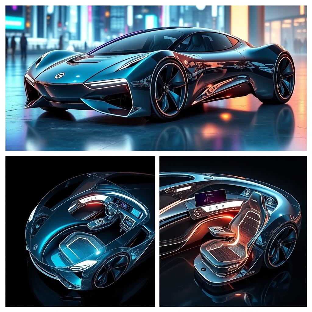 A futuristic concept car made entirely out of glass, featuring the distinctive "Galacticfall" logo prominently on the front