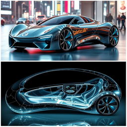 A futuristic concept car made entirely out of glass, featuring the distinctive "Galacticfall" logo prominently on the front