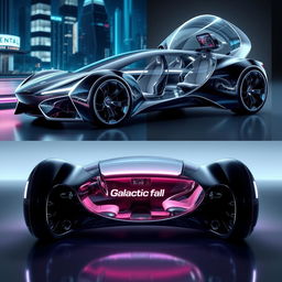 A futuristic concept car made entirely out of glass, featuring the distinctive "Galacticfall" logo prominently on the front