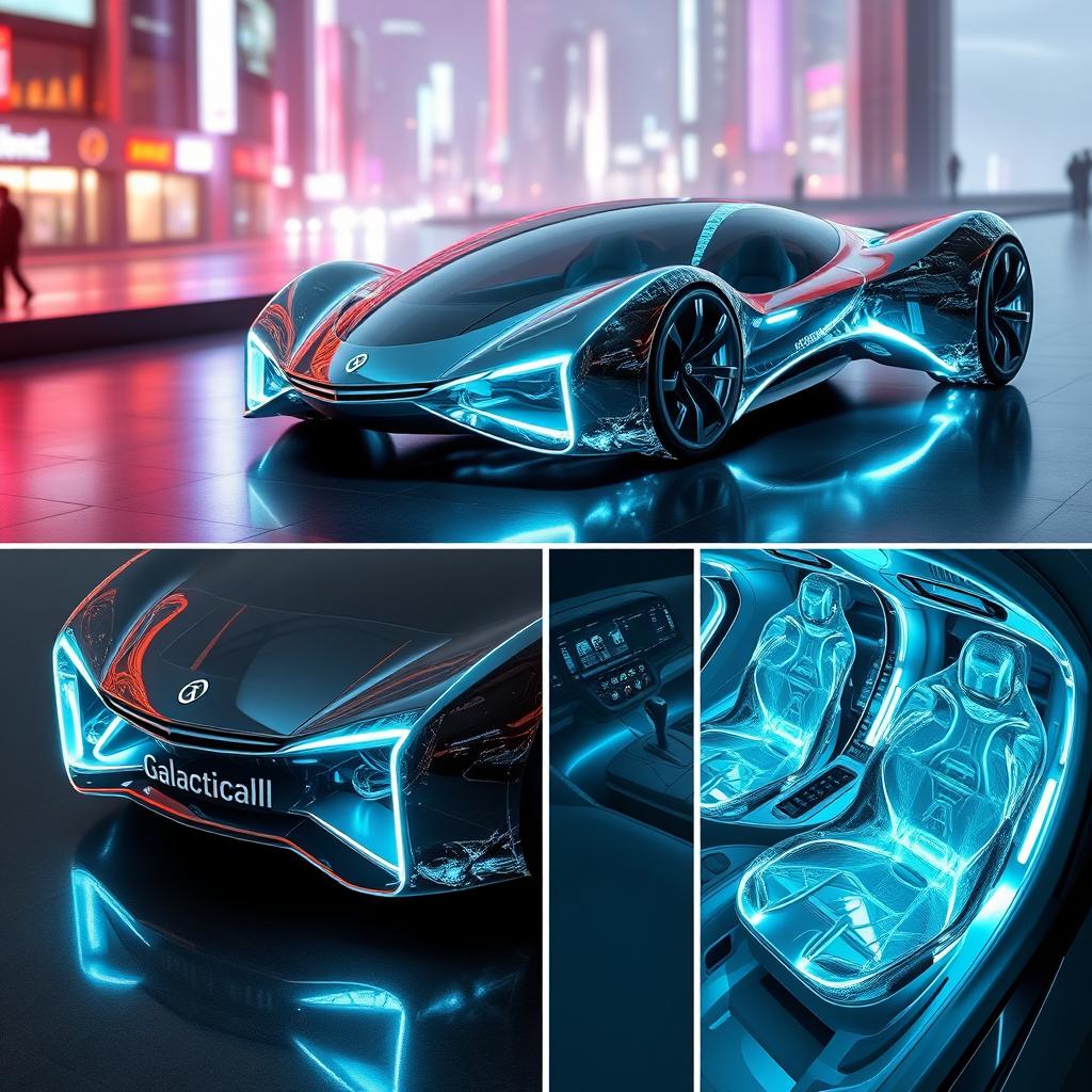 A futuristic concept car made entirely out of glass, featuring the distinctive "Galacticfall" logo prominently on the front