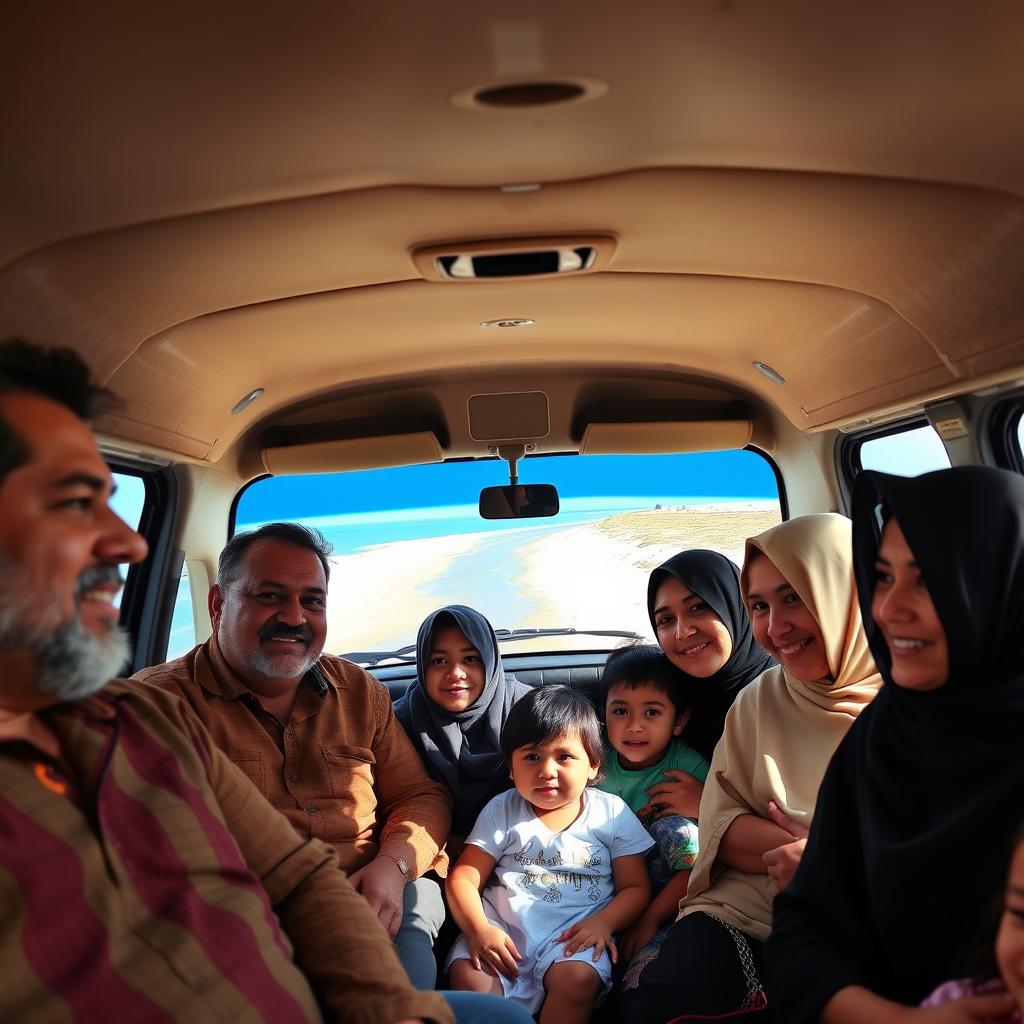 A family of 9 people inside a microbus traveling along the picturesque coastal road in Egypt