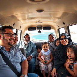 A family of 9 people inside a microbus traveling along the picturesque coastal road in Egypt