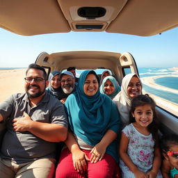 A family of 9 people inside a microbus traveling along the picturesque coastal road in Egypt