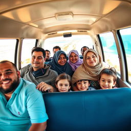 A family of 9 people inside a microbus traveling along the picturesque coastal road in Egypt