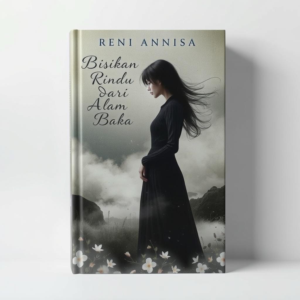 A mournful, ethereal book cover titled "BISIKAN RINDU DARI ALAM BAKA" by Reni Annisa