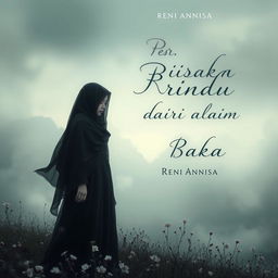 A mournful, ethereal book cover titled "BISIKAN RINDU DARI ALAM BAKA" by Reni Annisa