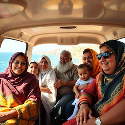 A family comprising women in headscarves, including a dark-skinned woman, alongside men, featuring a fat old man, and three children, all seated comfortably in a microbus as it navigates the scenic coastal road in Egypt