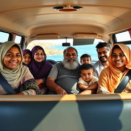 A family comprising women in headscarves, including a dark-skinned woman, alongside men, featuring a fat old man, and three children, all seated comfortably in a microbus as it navigates the scenic coastal road in Egypt