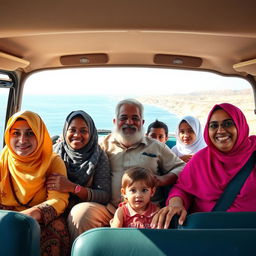 A family comprising women in headscarves, including a dark-skinned woman, alongside men, featuring a fat old man, and three children, all seated comfortably in a microbus as it navigates the scenic coastal road in Egypt