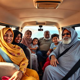 A family comprising women in headscarves, including a dark-skinned woman, alongside men, featuring a fat old man, and three children, all seated comfortably in a microbus as it navigates the scenic coastal road in Egypt