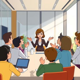 An animated scene with Ana, a woman with short brown hair in a professional outfit, stands confidently at the head of a conference table, announcing a solution to her animated team