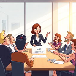 An animated scene with Ana, a woman with short brown hair in a professional outfit, stands confidently at the head of a conference table, announcing a solution to her animated team