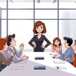 An animated scene with Ana, a woman with short brown hair in a professional outfit, stands confidently at the head of a conference table, announcing a solution to her animated team