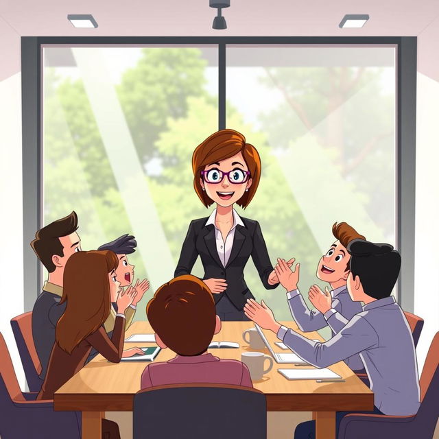 An animated scene with Ana, a woman with short brown hair in a professional outfit, stands confidently at the head of a conference table, announcing a solution to her animated team