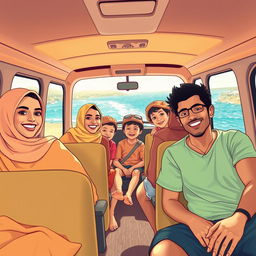 A lively depiction of a Cairo family inside a microbus cruising along Egypt's scenic coastal road