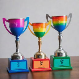 Three vibrant and stylish trophies adorned with running symbols, each one distinctly labeled for 1st, 2nd, and 3rd place of a fun run event emphasizing pride and inclusivity. Mix of rainbow colors representative of the gay pride flag.