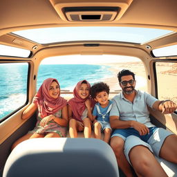 A lively depiction of a Cairo family inside a microbus cruising along Egypt's scenic coastal road