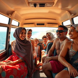 A lively depiction of a Cairo family inside a microbus cruising along Egypt's scenic coastal road