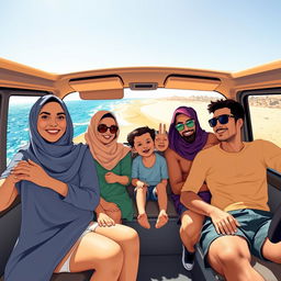 A lively depiction of a Cairo family inside a microbus cruising along Egypt's scenic coastal road