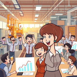 An animated sequence depicting a company triumphantly resuming production and overcoming a crisis