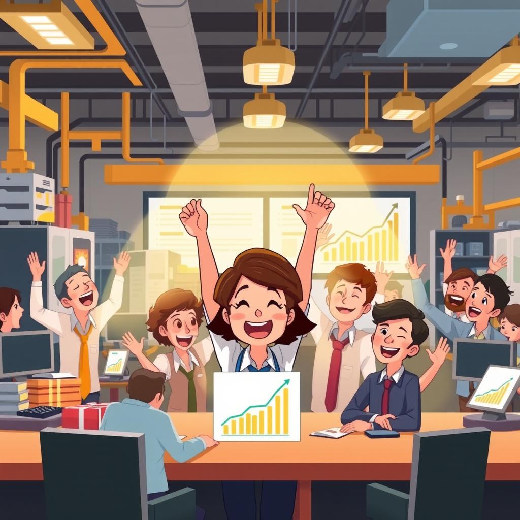 An animated sequence depicting a company triumphantly resuming production and overcoming a crisis