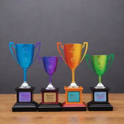 Three vibrant and stylish trophies adorned with running symbols, each one distinctly labeled for 1st, 2nd, and 3rd place of a fun run event emphasizing pride and inclusivity. Mix of rainbow colors representative of the gay pride flag.
