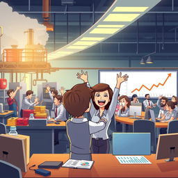 An animated sequence depicting a company triumphantly resuming production and overcoming a crisis