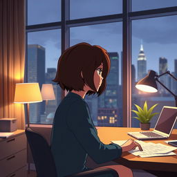 An animated scene of Ana, a woman with short brown hair, sitting thoughtfully in her modern office