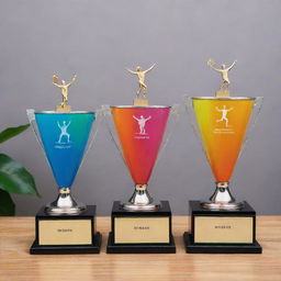 Three vibrant and stylish trophies adorned with running symbols, each one distinctly labeled for 1st, 2nd, and 3rd place of a fun run event emphasizing pride and inclusivity. Mix of rainbow colors representative of the gay pride flag.