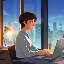 An animated scene of Ana, a woman with short brown hair, sitting thoughtfully in her modern office