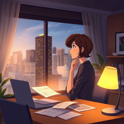 An animated scene of Ana, a woman with short brown hair, sitting thoughtfully in her modern office