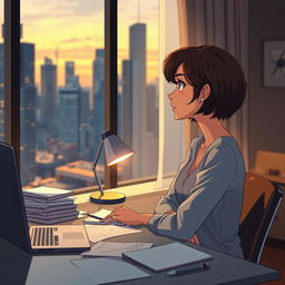 An animated scene of Ana, a woman with short brown hair, sitting thoughtfully in her modern office