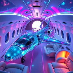 Concept private jet inspired by Galaxyfall, designed entirely of glass structure, embedded with vibrant neon LED lights that create a chameleon-like effect