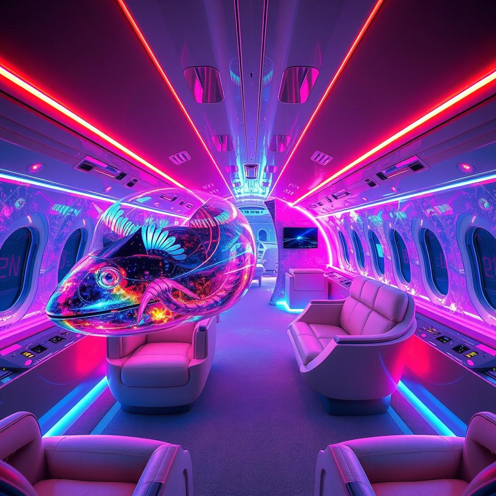 Concept private jet inspired by Galaxyfall, designed entirely of glass structure, embedded with vibrant neon LED lights that create a chameleon-like effect