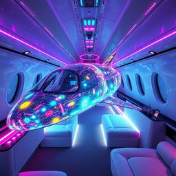 Concept private jet inspired by Galaxyfall, designed entirely of glass structure, embedded with vibrant neon LED lights that create a chameleon-like effect