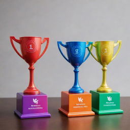 Three vibrant and stylish trophies adorned with running symbols, each one distinctly labeled for 1st, 2nd, and 3rd place of a fun run event emphasizing pride and inclusivity. Mix of rainbow colors representative of the gay pride flag.