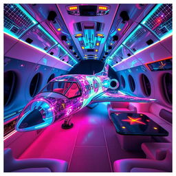 Concept private jet inspired by Galaxyfall, designed entirely of glass structure, embedded with vibrant neon LED lights that create a chameleon-like effect