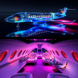 Concept design of a Galaxyfall private jet, showcasing both the exterior and interior