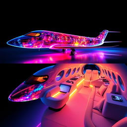 Concept design of a Galaxyfall private jet, showcasing both the exterior and interior