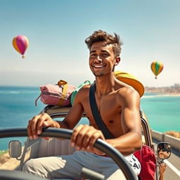 A young man with brown skin and a thin body driving a family microbus along Egypt's picturesque coastal road