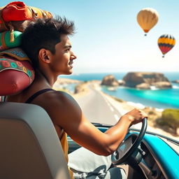 A young man with brown skin and a thin body driving a family microbus along Egypt's picturesque coastal road