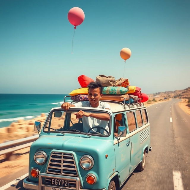 A young man with brown skin and a thin body driving a family microbus along Egypt's picturesque coastal road