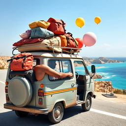 A young man with brown skin and a thin body driving a family microbus along Egypt's picturesque coastal road