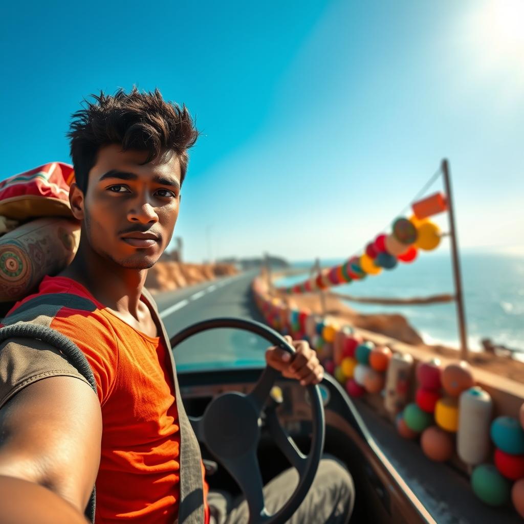 A young man with brown skin and a thin body drives a family microbus along Egypt's beautiful coastal road, captured from a front-facing angle