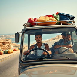 A young man with brown skin and a thin body drives a family microbus along Egypt's beautiful coastal road, captured from a front-facing angle