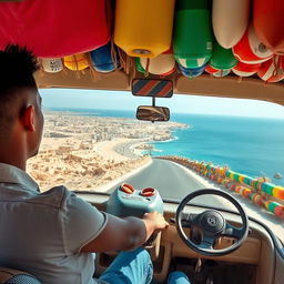 A young man with brown skin and a thin body drives a family microbus along Egypt's beautiful coastal road, captured from a front-facing angle