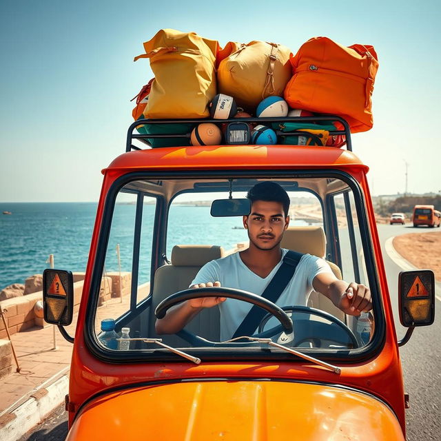 A young man with brown skin and a thin body drives a family microbus along Egypt's beautiful coastal road, captured from a front-facing angle