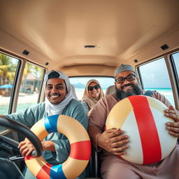 A Muslim family enjoying a trip in a microbus driven by a young man with brown skin and a thin body